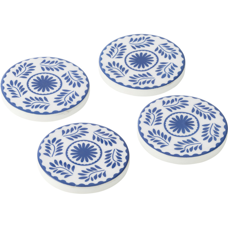 Lot de 4 Sous-verres style méditerrannéen Rond 10 cm Bois de manguier Blanc Bleu Motif fleurs Azuriva 