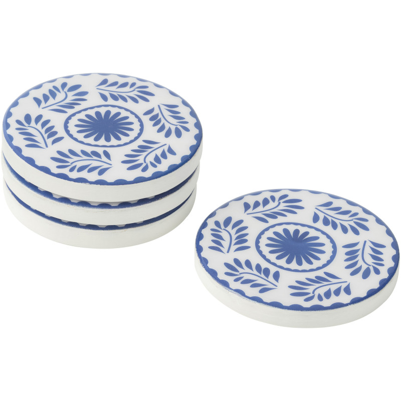 Lot de 4 Sous-verres style méditerrannéen Rond 10 cm Bois de manguier Blanc Bleu Motif fleurs Azuriva 