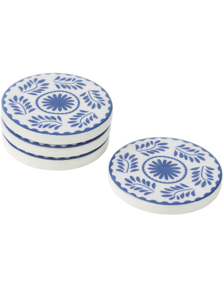 Lot de 4 Sous-verres style méditerrannéen Rond 10 cm Bois de manguier Blanc Bleu Motif fleurs Azuriva 