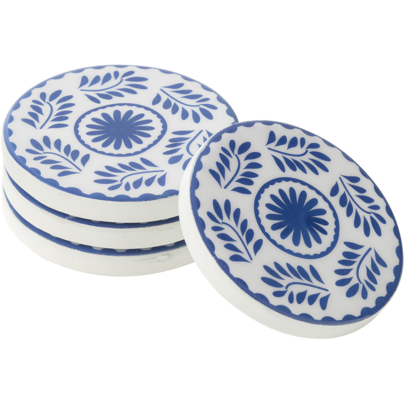 Lot de 4 Sous-verres style méditerrannéen Rond 10 cm Bois de manguier Blanc Bleu Motif fleurs Azuriva 