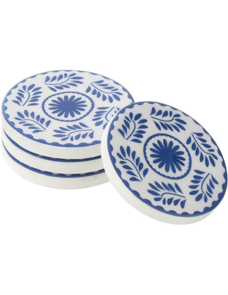 Lot de 4 Sous-verres style méditerrannéen Rond 10 cm Bois de manguier Blanc Bleu Motif fleurs Azuriva 