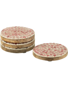 Lot de 4 Sous-verres romantique chic Rond 10 cm Bois de manguier Naturel Rose Motif coeurs Amorossi 