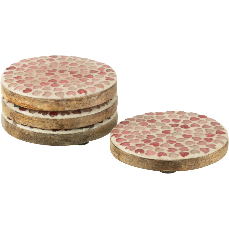 Lot de 4 Sous-verres romantique chic Rond 10 cm Bois de manguier Naturel Rose Motif coeurs Amorossi 