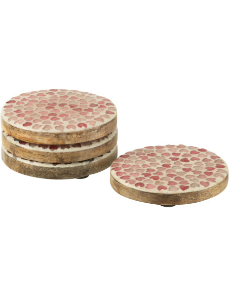 Lot de 4 Sous-verres romantique chic Rond 10 cm Bois de manguier Naturel Rose Motif coeurs Amorossi 