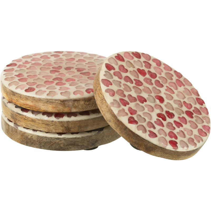 Lot de 4 Sous-verres romantique chic Rond 10 cm Bois de manguier Naturel Rose Motif coeurs Amorossi 