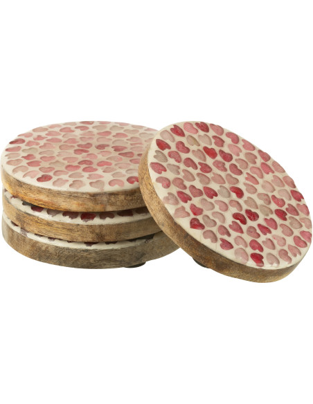 Lot de 4 Sous-verres romantique chic Rond 10 cm Bois de manguier Naturel Rose Motif coeurs Amorossi 