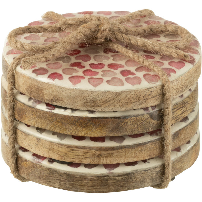 Lot de 4 Sous-verres romantique chic Rond 10 cm Bois de manguier Naturel Rose Motif coeurs Amorossi 