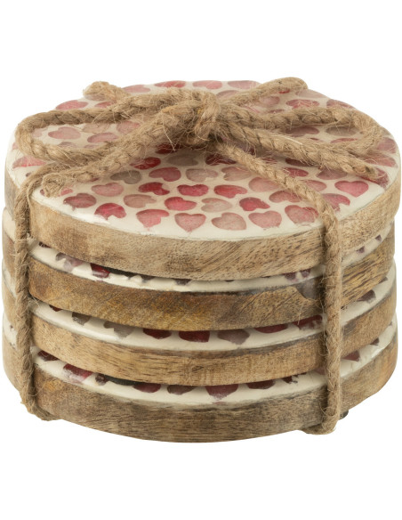 Lot de 4 Sous-verres romantique chic Rond 10 cm Bois de manguier Naturel Rose Motif coeurs Amorossi 