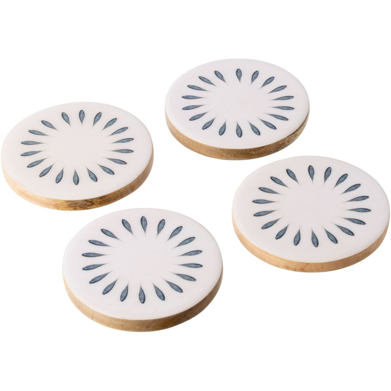 Lot de 4 Sous-verres japandi Rond 10 cm Bois de manguier Blanc Bleu foncé Naturel Kizuna 