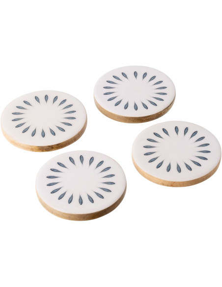 Lot de 4 Sous-verres japandi Rond 10 cm Bois de manguier Blanc Bleu foncé Naturel Kizuna 