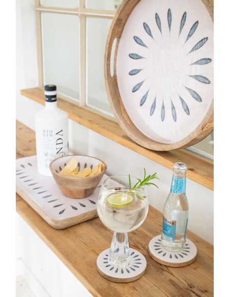 Lot de 4 Sous-verres japandi Rond 10 cm Bois de manguier Blanc Bleu foncé Naturel Kizuna 