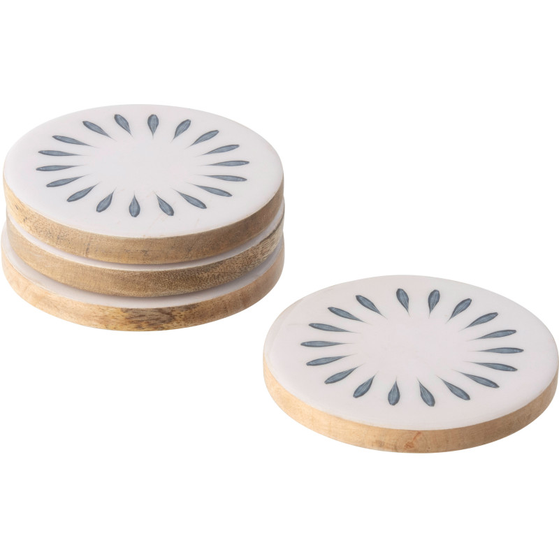 Lot de 4 Sous-verres japandi Rond 10 cm Bois de manguier Blanc Bleu foncé Naturel Kizuna 