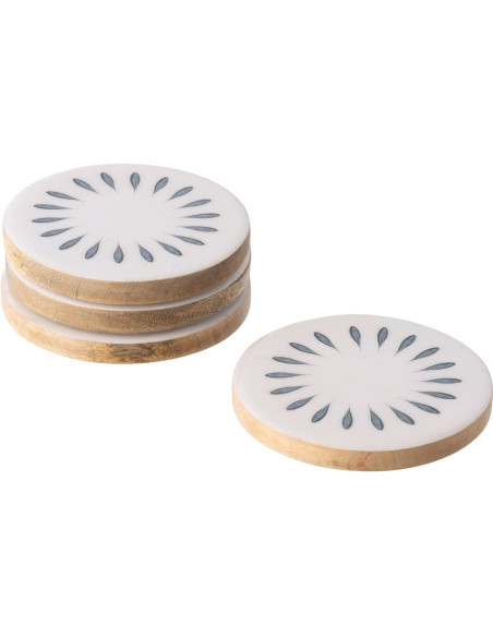 Lot de 4 Sous-verres japandi Rond 10 cm Bois de manguier Blanc Bleu foncé Naturel Kizuna 