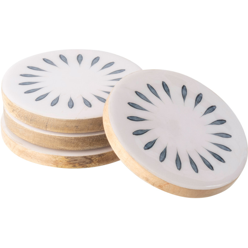Lot de 4 Sous-verres japandi Rond 10 cm Bois de manguier Blanc Bleu foncé Naturel Kizuna 
