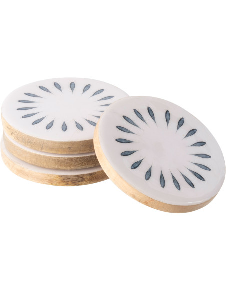 Lot de 4 Sous-verres japandi Rond 10 cm Bois de manguier Blanc Bleu foncé Naturel Kizuna 