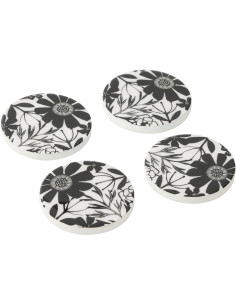 Lot de 4 Sous-verres Japandi chic Rond 10 cm Bois de manguier Noir Blanc Motif fleurs Florikio 