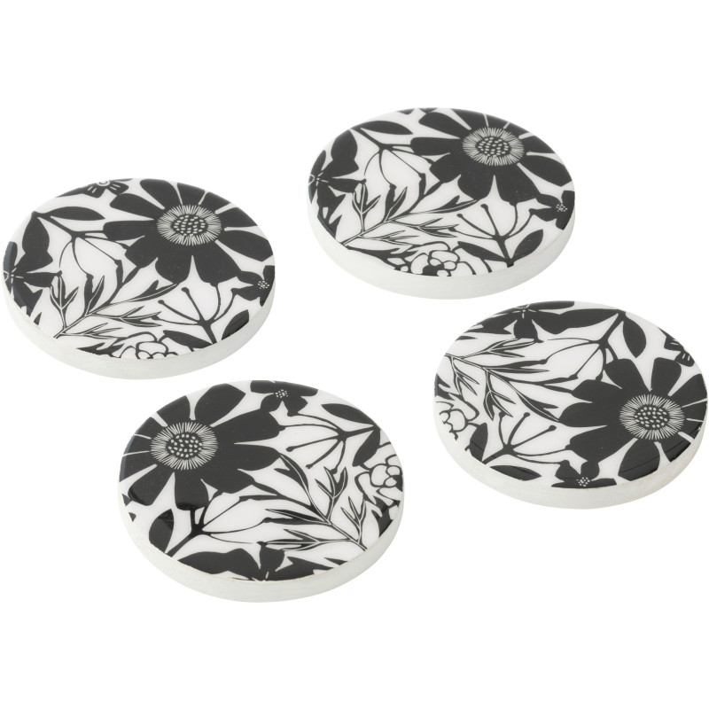 Lot de 4 Sous-verres Japandi chic Rond 10 cm Bois de manguier Noir Blanc Motif fleurs Florikio 