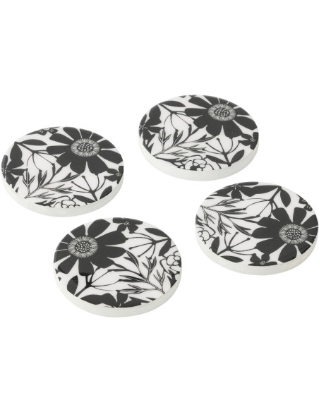 Lot de 4 Sous-verres Japandi chic Rond 10 cm Bois de manguier Noir Blanc Motif fleurs Florikio 