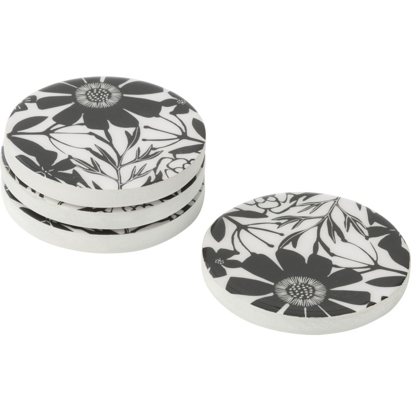 Lot de 4 Sous-verres Japandi chic Rond 10 cm Bois de manguier Noir Blanc Motif fleurs Florikio 