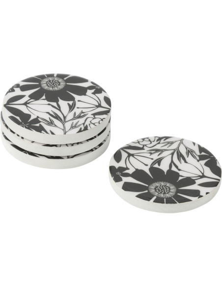 Lot de 4 Sous-verres Japandi chic Rond 10 cm Bois de manguier Noir Blanc Motif fleurs Florikio 