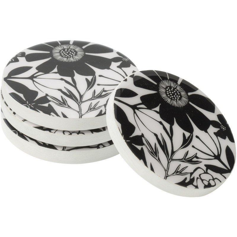 Lot de 4 Sous-verres Japandi chic Rond 10 cm Bois de manguier Noir Blanc Motif fleurs Florikio 
