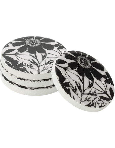 Lot de 4 Sous-verres Japandi chic Rond 10 cm Bois de manguier Noir Blanc Motif fleurs Florikio 
