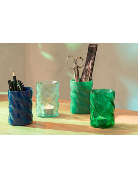 Lot de 4 Photophores design Torsadé D 7 cm Verre Bleu Vert Torsalia 