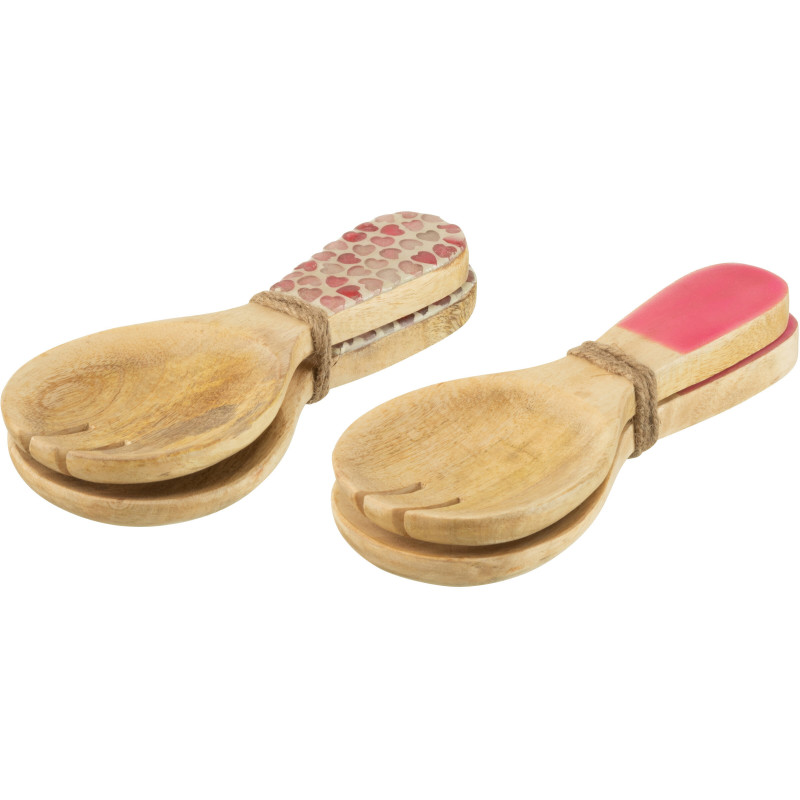 Lot de 4 Petits Couverts à salade romantique chic Bois de manguier Naturel Rose Motif coeurs Amorossi 