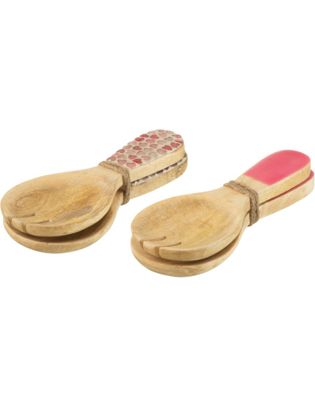 Lot de 4 Petits Couverts à salade romantique chic Bois de manguier Naturel Rose Motif coeurs Amorossi 