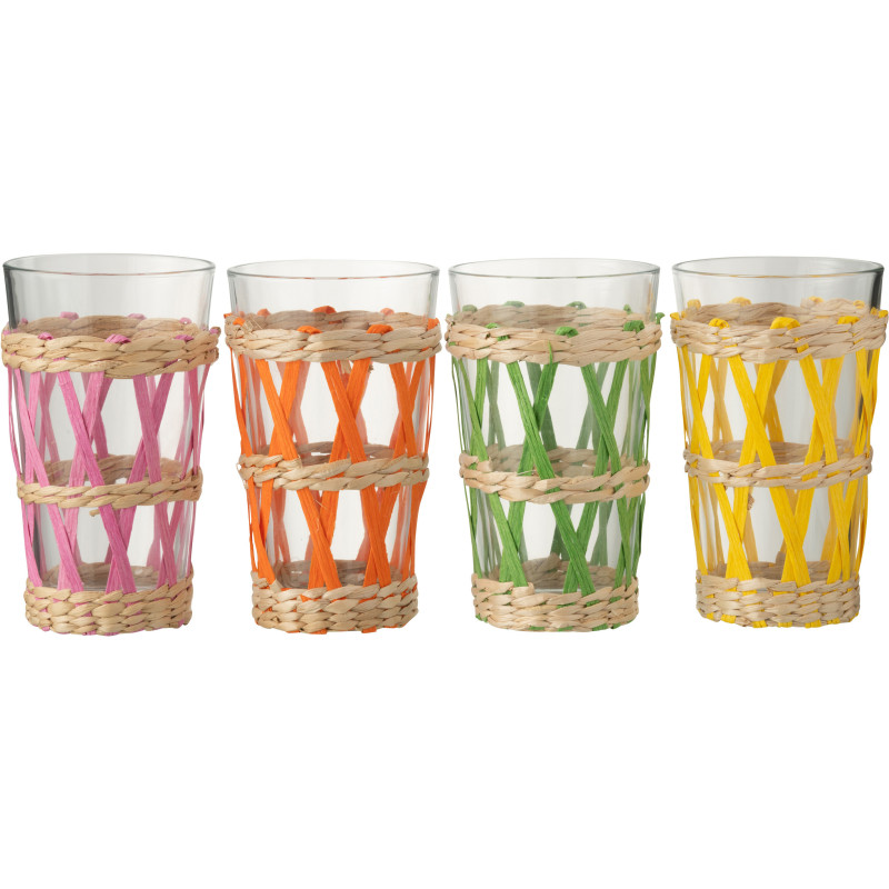 Lot de 4 Grands Verres bohème chic 450 ml Verre Transparent Herbe Tressé Vibria 