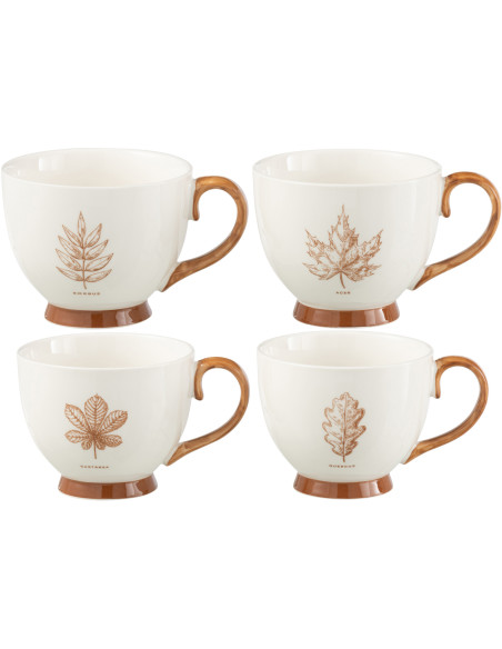 Lot de 4 Grande Tasses Mugs campagne chic 450 ml Céramique Blanc Marron Motif feuilles Leavina 