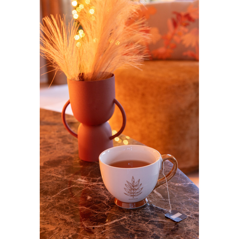 Lot de 4 Grande Tasses Mugs campagne chic 450 ml Céramique Blanc Marron Motif feuilles Leavina 