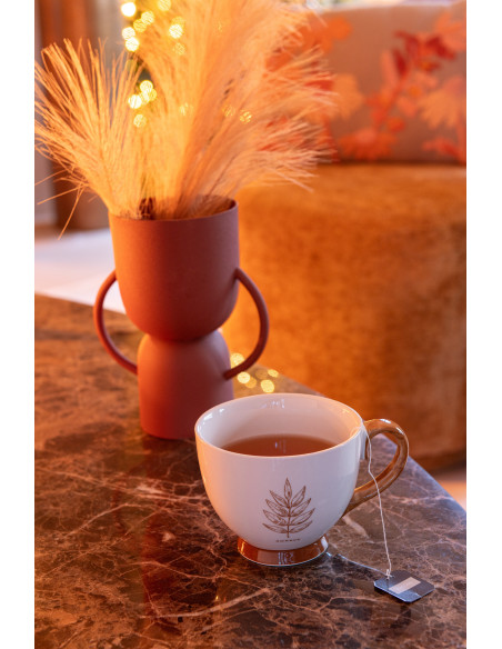 Lot de 4 Grande Tasses Mugs campagne chic 450 ml Céramique Blanc Marron Motif feuilles Leavina 