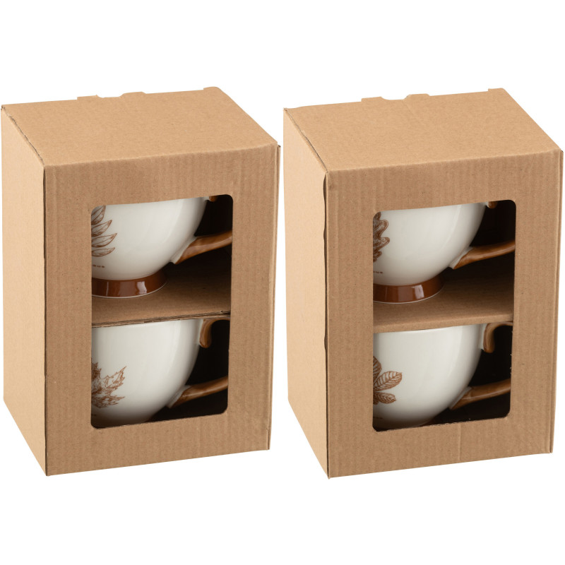 Lot de 4 Grande Tasses Mugs campagne chic 450 ml Céramique Blanc Marron Motif feuilles Leavina 