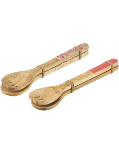 Lot de 4 Couverts à salade romantique chic Bois de manguier Naturel Rose Motif coeurs Amorossi 