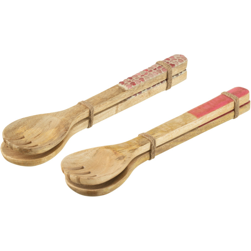 Lot de 4 Couverts à salade romantique chic Bois de manguier Naturel Rose Motif coeurs Amorossi 