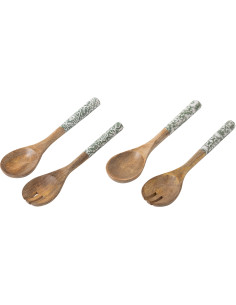 Lot de 4 Couverts à salade Campagne chic Bois de manguier Vert Blanc Naturel Verdeno 
