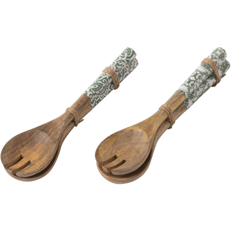 Lot de 4 Couverts à salade Campagne chic Bois de manguier Vert Blanc Naturel Verdeno 
