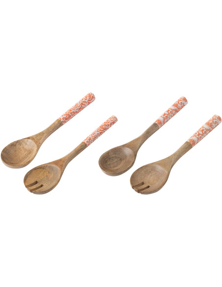 Lot de 4 Couverts à salade Campagne chic Bois de manguier Orange Blanc Naturel Verdeno 