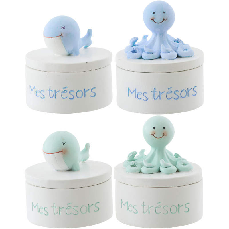 Lot de 4 Boîtes déco Pieuvres & Baleines Résine Bleu clair Vert clair Bloopa 