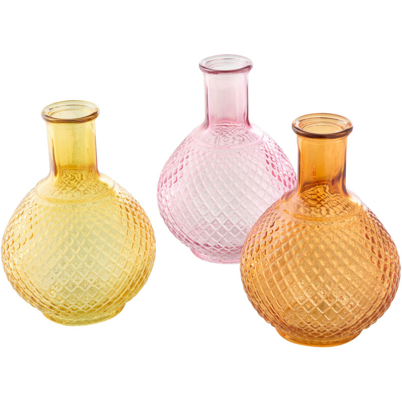 Lot de 3 Vases Boule H 19 cm Verre Jaune Rose Orange Luminadia 