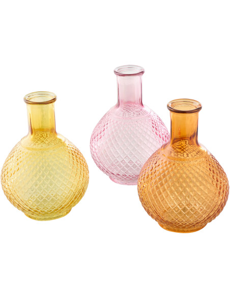 Lot de 3 Vases Boule H 19 cm Verre Jaune Rose Orange Luminadia 