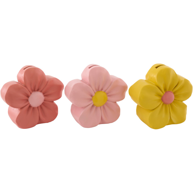 Lot de 3 Tirelires Fleurs 16 cm Résine Jaune Orange Rose Floretti 