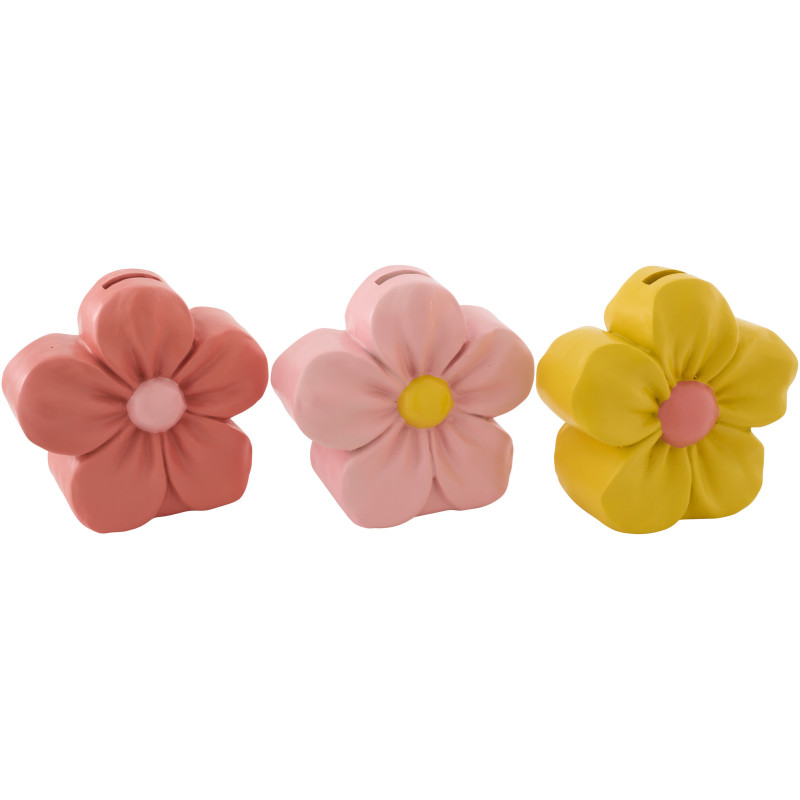 Lot de 3 Tirelires Fleurs 16 cm Résine Jaune Orange Rose Floretti 