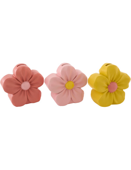 Lot de 3 Tirelires Fleurs 16 cm Résine Jaune Orange Rose Floretti 