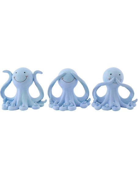 Lot de 3 Statuettes déco Pieuvres Sagesse H 11 cm Résine Bleu clair Bloopa 
