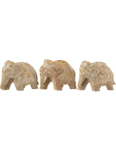 Lot de 3 Statuettes déco Éléphants H 10 cm Bois de manguier Naturel Perle Orange Sahéra 