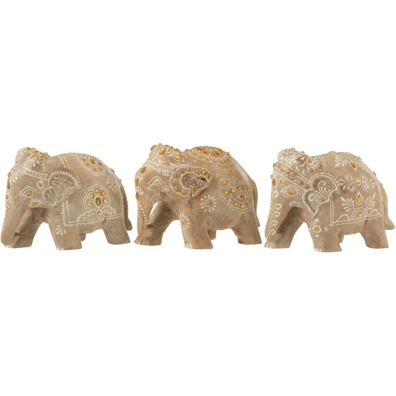 Lot de 3 Statuettes déco Éléphants H 10 cm Bois de manguier Naturel Perle Orange Sahéra 