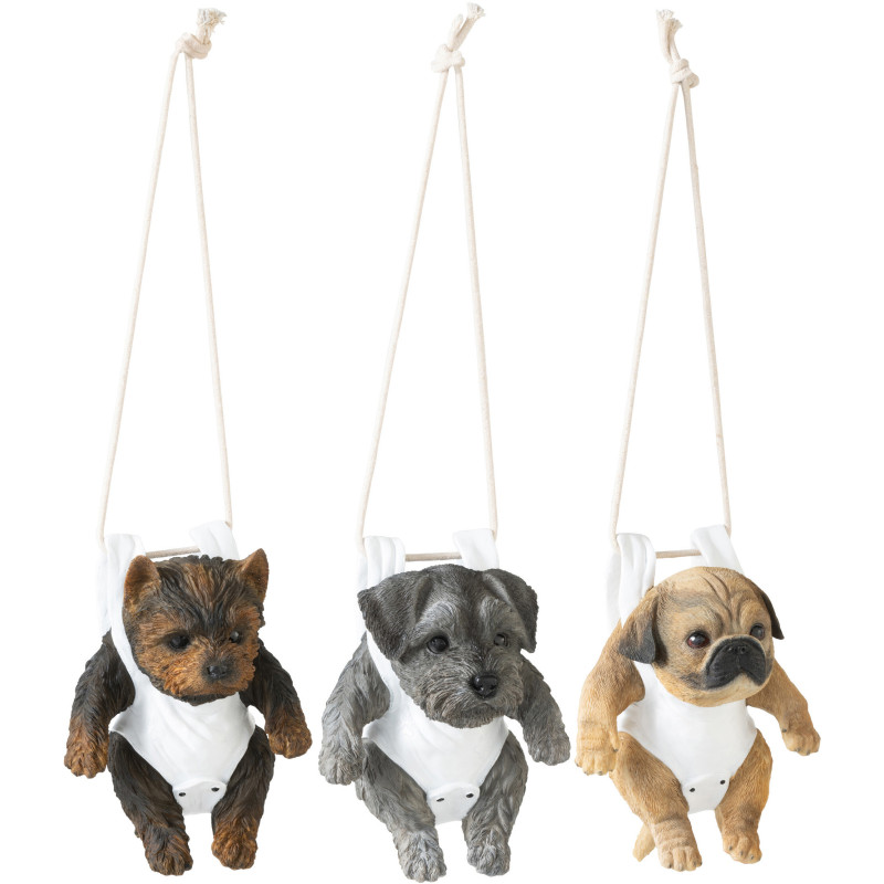 Lot de 3 Statuettes déco à suspendre Chiots H 19 cm Résine Marron Gris Beige Puppy 