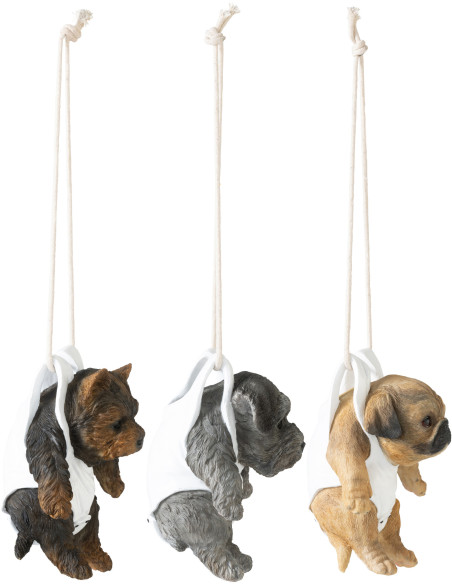 Lot de 3 Statuettes déco à suspendre Chiots H 19 cm Résine Marron Gris Beige Puppy 
